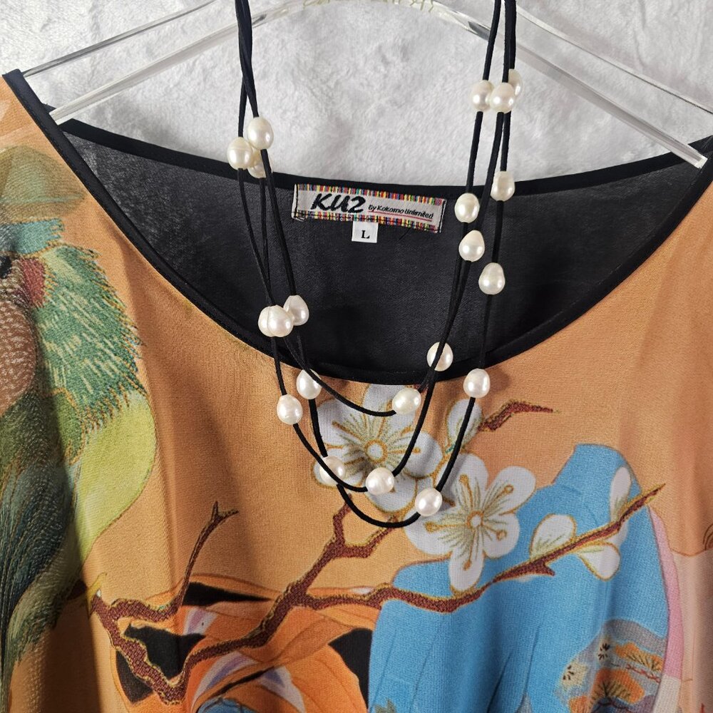 KU2 Kokomo Unlimited Blouse and Necklace Women Size L Silk Blossom Open Shoulder - Picture 3 of 13